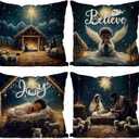 Black Santa Christmas Decorations Christmas Pillows Covers African American Christmas Decor Nativity Set Throw Pillows Holy Night Home Sofa Living Room Decorative Cushion Case 20x20 Inch Set of 4