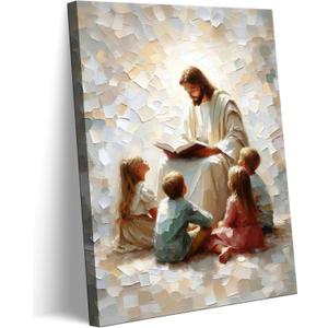 Jesus Teaching Kids Canvas Wall Art Christian Children Room Wall Decor Picture Children Of God Watercolor Poster Print for Kids room living room bedroom home decoration Ready To Hang, Size: 16"L x 12"W-Canvas