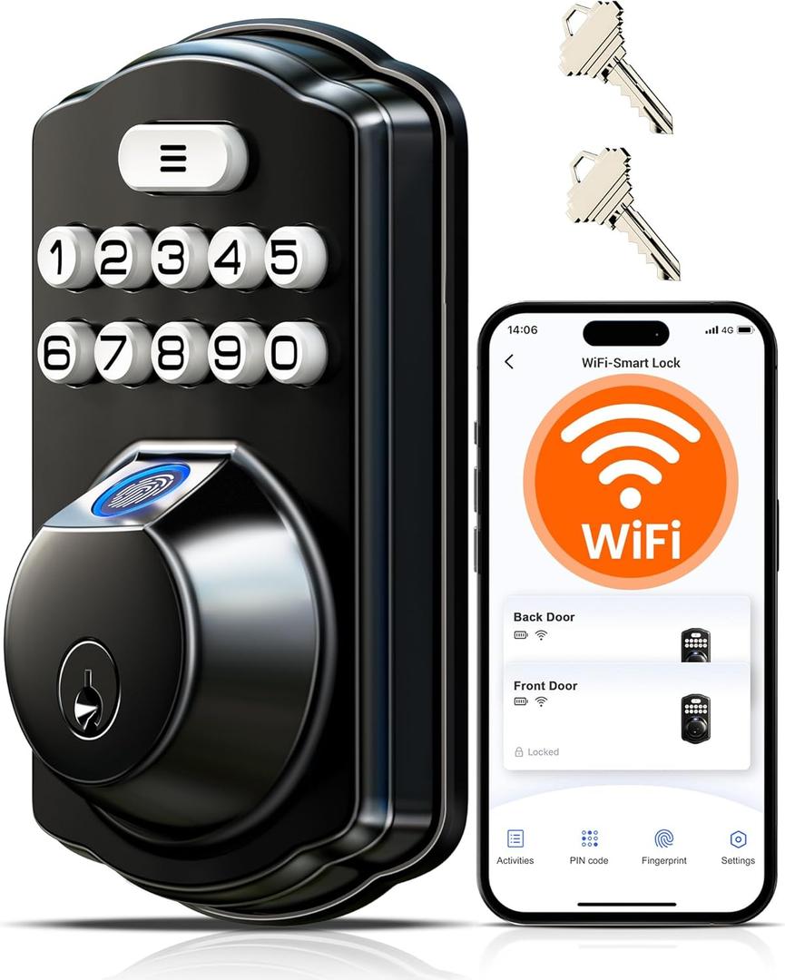 Veise VE012W Built-in WiFi Fingerprint Smart Lock, App Remote Control, Compatible with Alexa & Google Assistant, Keyless Entry for Front Door, Digital Keypad Deadbolt, Auto Lock, Matte Black