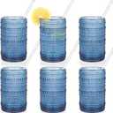 KMIGRUAN Large Hobnail Drinking Glasses Set of 6, 15oz Blue Vintage Glassware, Embossed Glass Cups, Water Tumbler, Highball Glasses For Beer, Juice And Various Mixed Drinks