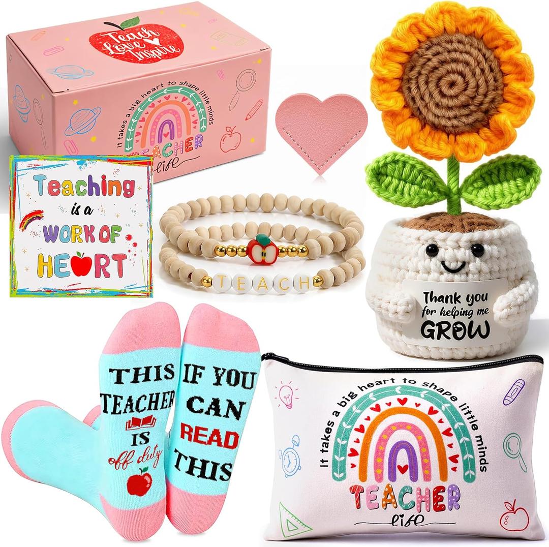 U-Goforst Teacher Appreciation Gifts for Women, Gifts for Teachers, Teacher Gifts Supplies with Makeup Bags Crochet Sunflower Bookmark Bracelet Socks for Teacher Appreciation