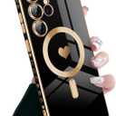 Newseego for Samsung Galaxy S24 Ultra Magnetic Case, Luxury Cute Love Heart Design Plating Edge Case for Women Girls Soft TPU Shockproof Camera Lens Protector Case for Samsung Galaxy S24 Ultra-Black