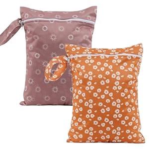 CoolaPeach 2Pcs Baby Wet Dry Bags for Cloth Diaper, Waterproof Reusable Travel Bags, Beach, Pool, Gym Bag for Swimsuits, Beach Vacation Essentials (White Flower Sun)