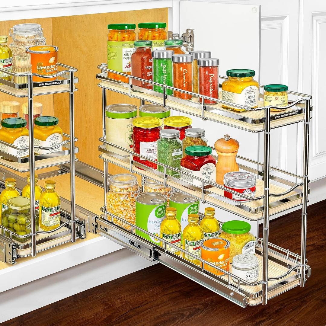 LYNK PROFESSIONAL lite Pull Out Spice Rack Organizer for Inside Kitchen Cabinets - 6"x21" - Slide Out Drawer  Wood/Chrome Sliding Spice Cabinet Organization Shelf Racks - 3 Tier