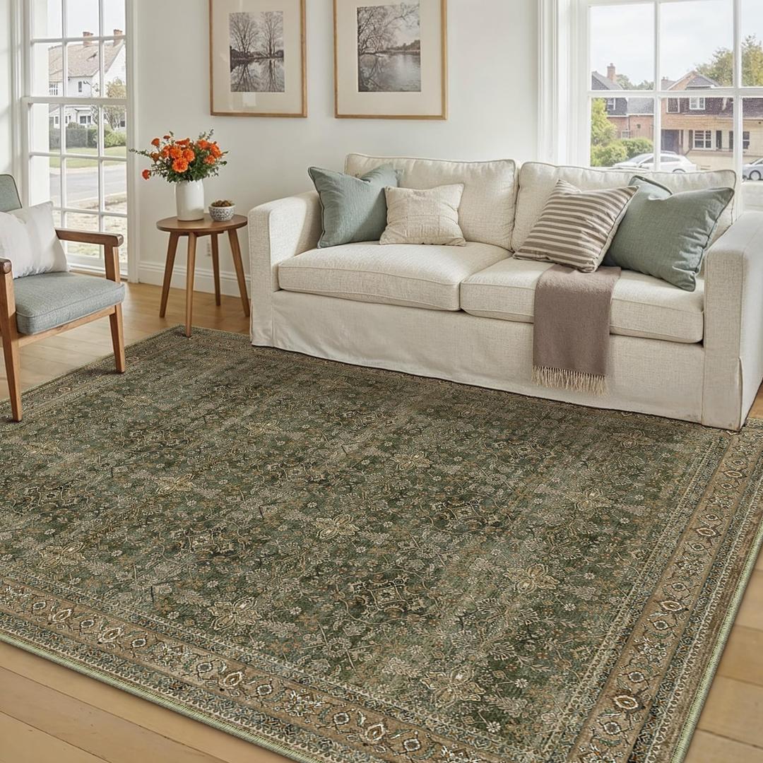 PureCozy Green Brown Area Rug 5x7 Vintage Oriental Retro