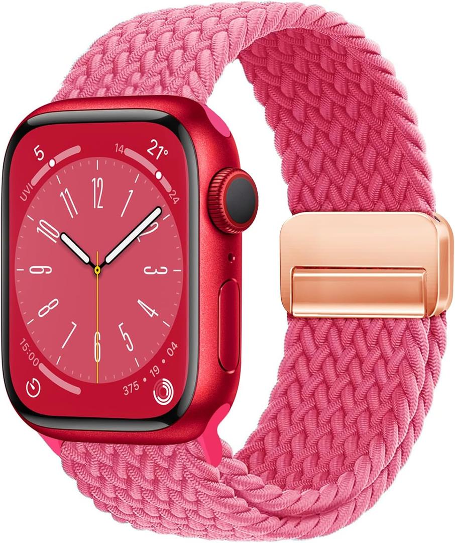 Magnetic Braided Solo Loop Band Compatible with Apple Watch Series 10 42mm 46mm 9 8 7 6 5 4 40mm 41mm 44mm 45mm 49mm for Women Men, Stretchy Nylon Elastic Sport Strap for iWatch SE/Ultra 1/2 (Orange Pink)