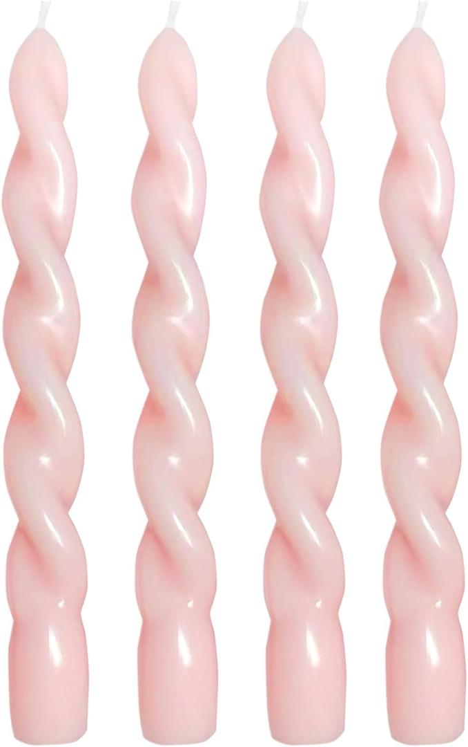 4 Pcs Baby Pink Twisted Spiral Candle Sticks, 7.47 Inch Unscented Smokeless Pink Candlesticks, Aesthetic Girly Taper Candles for Wedding Bridal Shower Baby Shower Birthday Party Dinner Table Decor