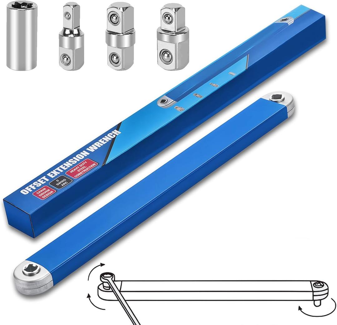 Dirciky Offset Extension Wrench,15 Inch Impact Ready Socket Wrench Extender Tool Set with 1/2", 1/4" and 3/8" Square Drive Adapters, Zero Degree Ratchet Tool for Car Blue ﻿