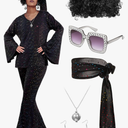Jexine 70s Women Disco Outfit Costume Disco Party Top Pants Sunglasses Ball Necklace Earring Wig for Halloween New Year Eve, M