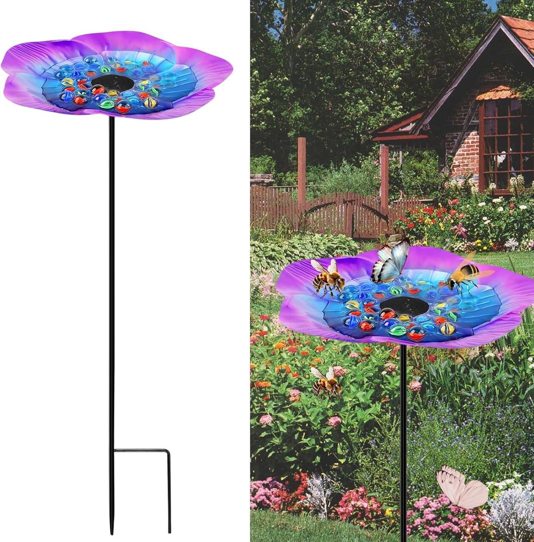 Butterfly Feeder - Outdoor Butterfly Puddler,Bee Cups for Garden with Coloured Glass Stone,Garden Decor for Butterfly feeders for Outdoors,Bee Watering Station(Blue/Purple)