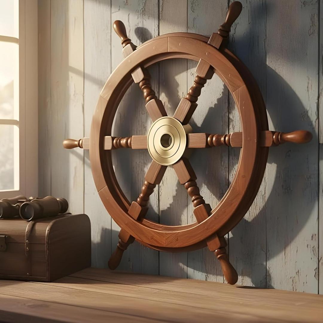 Brainmart 12” Nautical Ship Wheel | Wooden Boat Steering Wheel Wall Décor | Handcrafted Coastal Beach, Ocean & Pirate Themed Decoration for Living Room, Bedroom, Patio or Outdoor | Rustic Brown Finish