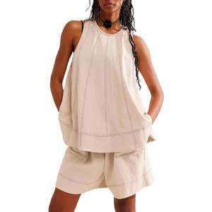 Women's 2 Piece Outfits Sleeveless Crew Neck 2025 Summer Casual Loose Tank Top Wide Leg Shorts with Pockets (Medium, Apricot)