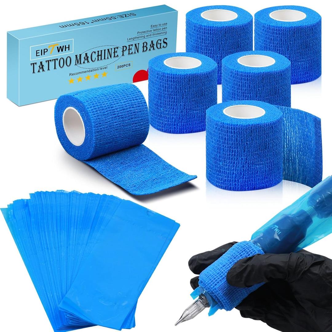 2 x 200PCS Tattoo Pen Covers with 6PCS Tattoo Grip Tapes,Blue Tattoo Machine Wraps Covers with Tattoo Pen Sleeves Bags Set for Tattoo Artist Tattoo Supplies