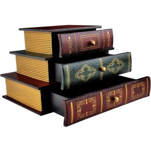 POWER UNICO FLOWER Vintage Decorative Organizer Wooden False Book Storage Box Jewelry Box with Three-layer Drawers (312)
