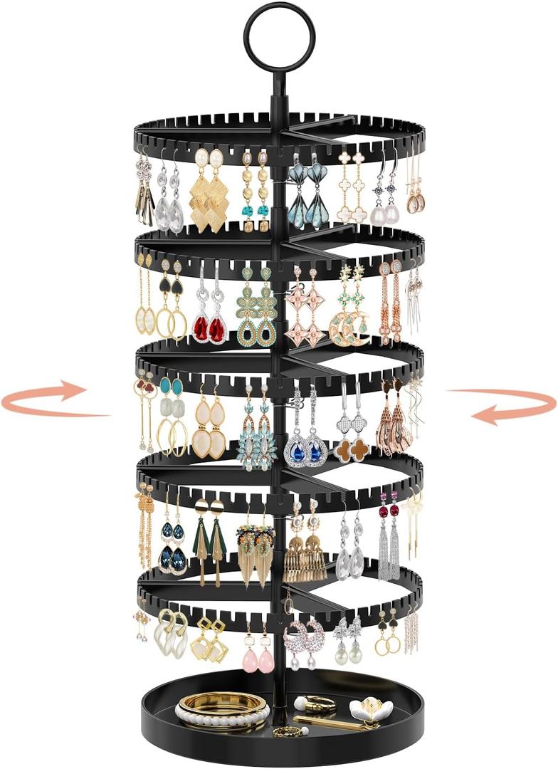 IDavosic.ly 5 Tier Rotating Earring Holder Organizer with Metal Tray, Adjustable Plastic Dangle Display Stands Tree with 285 Grooves, Large Hoop Storage Rack Tower, Black