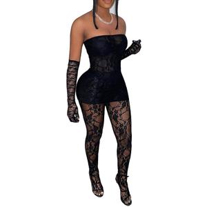 Mojessy 2 Piece Outfits for Women Sexy Lace Tube Mini Dress Top with Stockings Legging Set Birthday Outfits (Small, Black)