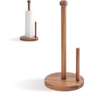 14.3" Acacia Wooden Paper Towel Holder, 6.7" Large Heavy Base Wooden Kitchen Roll Stand Organizer Free Standing, Rustic Farmhouse Paper Towel Holder Stand, Standing Paper Towel Roll Holders (6.7" Acacia Double Column)
