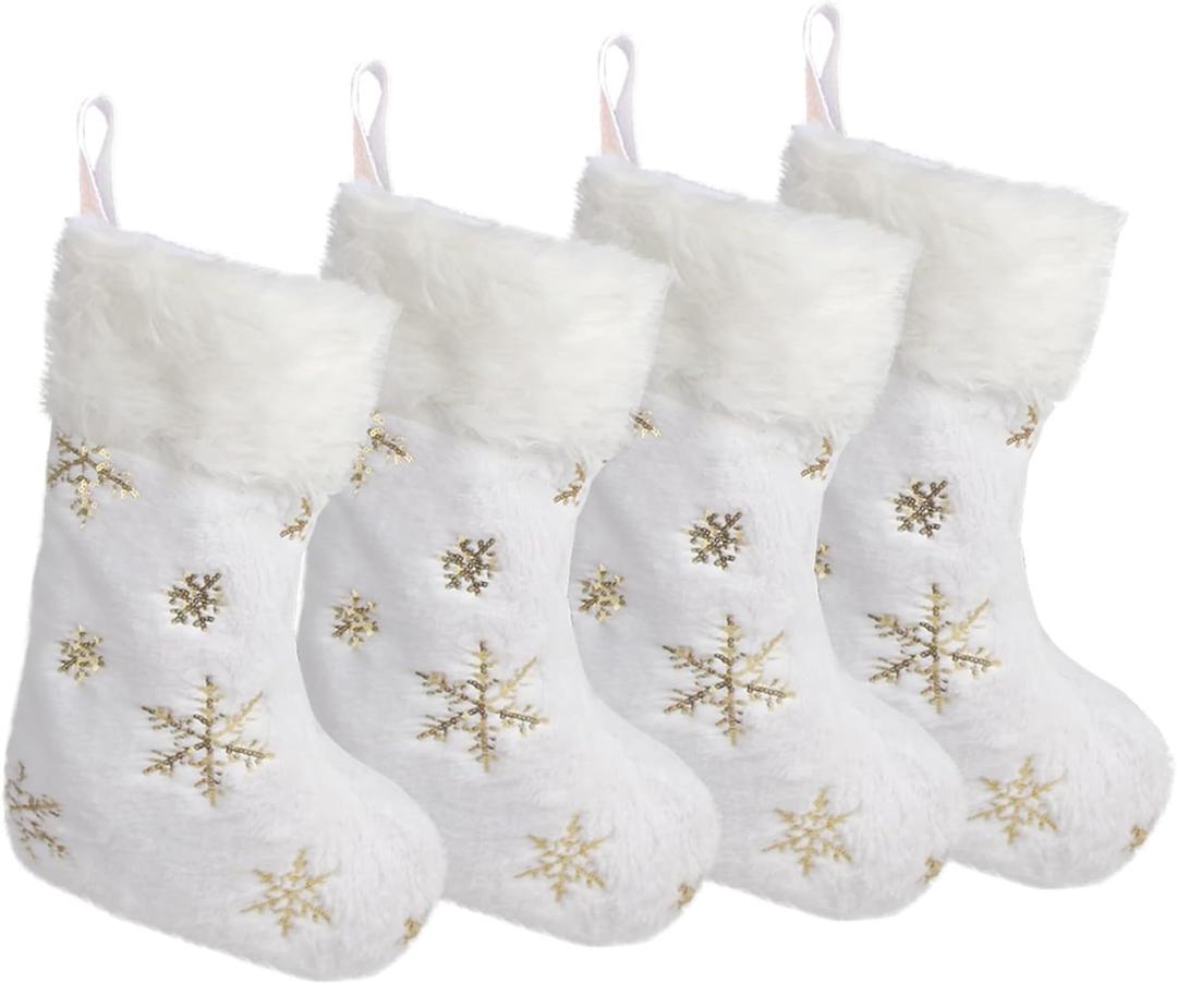 CCINEE 4PCS White Christmas Stockings,18 Inch Large Plush Faux Fur Xmas Stocking with Golden Snowflake Sequin Glitter Snowflake Hanging Stocking for Christmas Tree Wall Fireplace Home Decoration