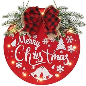 HOMCDALY Merry Christmas Welcome Sign for Front Door, Red X-mas Sign with Light, Holiday Door Decoration Wooden Hanging Sign, Christmas Decoration, Wall Art, Wall Decor(Red)