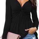 Tankaneo Women V-Neck Front Knotted Blouse Shirt Long Sleeve Elegant Casual T-Shirt Solid Color Pullover Tops (Black, XL)