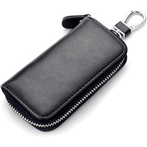 WESTONETEK Unisex Mens Womens Premium Leather Car Key Holder Bag Keychain Case Wallet with 6 Hooks Zipper Closure (Black)