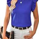 WDIRARA Women's Ruffle Cap Sleeve Blouse Shirts Frill Trim Crew Neck Tops (Blue, L)