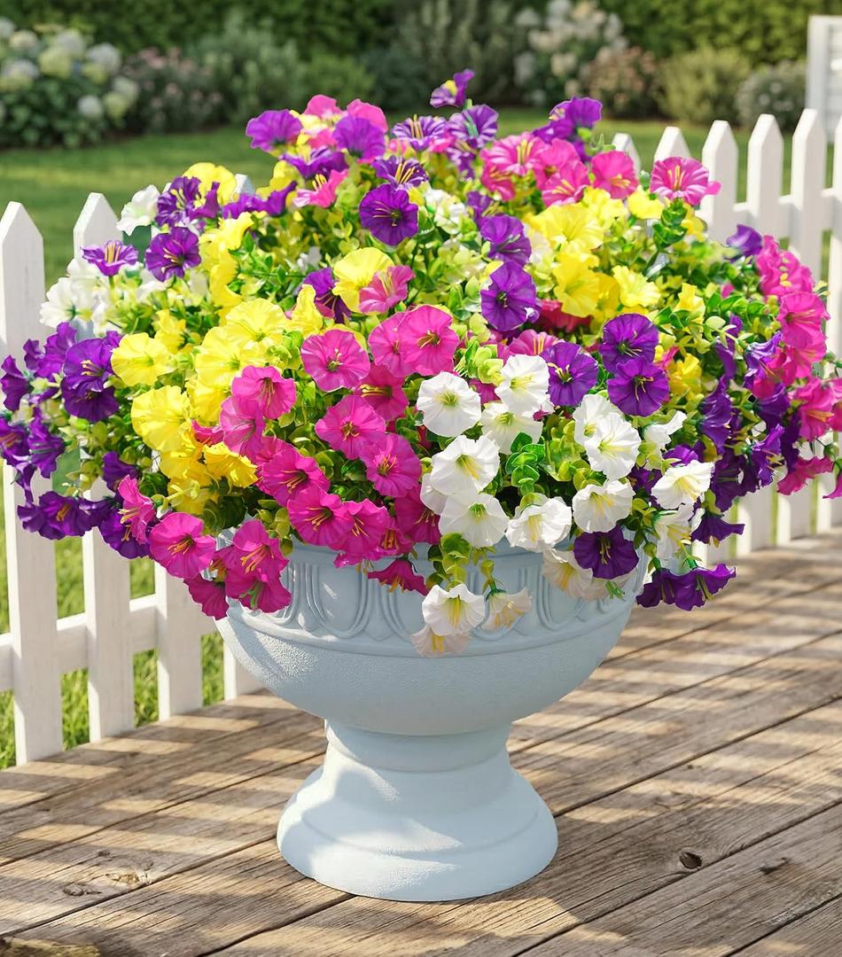 Artificial Flowers Fake Plants for Outdoors Decoration, 12 Bundles Silk Morning Glory with Eucalyptus Realistic UV Resistant Faux Flowers for Outside Planter Porch Yard Patio Garden Home Indoor, Mix