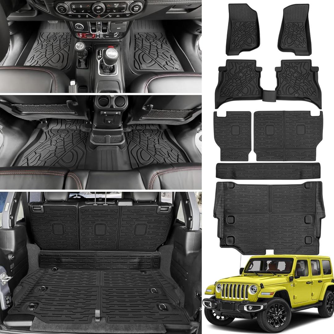 Cargo Mats for 2021-2024 2025 Jeep Wrangler JL 4XE Only,Floor Liners with Trunk Mat Backrest Mat All Weather TPE Protector Rear Floor Trunk Liners for 21-25 Wrangler JL 4XE 4 Door Accessories
