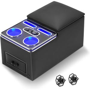 Center Console Organizer, Bench Seat Center Console with Fast Phone Charging & Cup Holders, Automotive Center Storage Box Upgraded 7-Color Adjustable LED Lighting for Car Minivan Van Truck