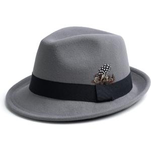 Short Brim Fedora Hats for Men & Women Felt Dress Panama Trilby Hats with Feathers Band, Light Grey, Medium