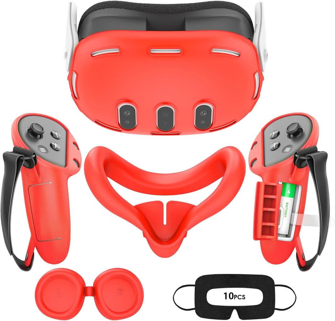 VR Silicone Case for Meta Quest 3, Accessories for Oculus Quest 3, Face Cover, Controller Grips, Shell Cover, Lens Cover, Disposable Eye Cover (Red)