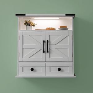Bathroom Wall Cabinet, 23" x 25" Farmhouse Over The Toilet Storage with Motion LED Light & Safety Drawers, Wooden Medicine Cabinet, Water-Resistant White Organizer (9" Depth)