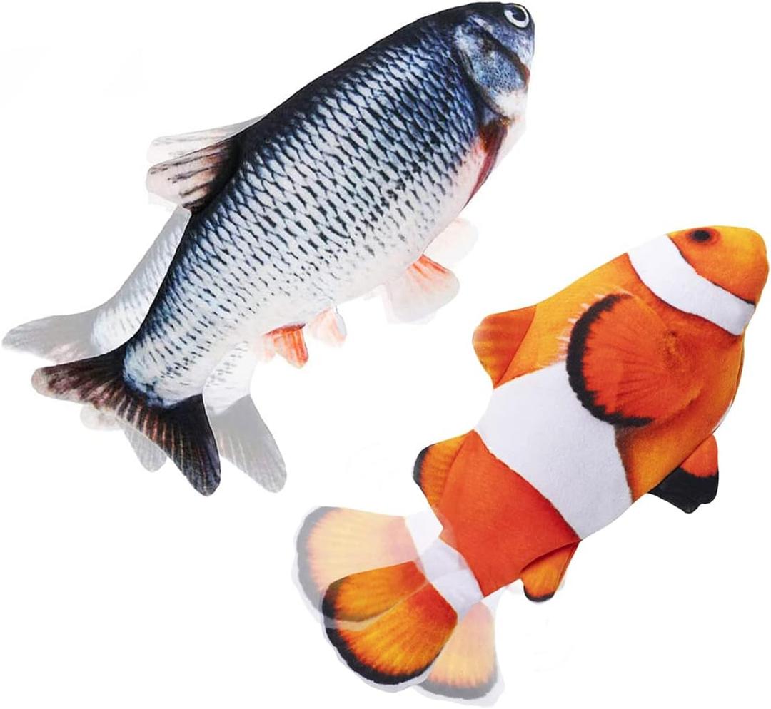 Interactive Cat Toys Flopping Fish with Catnip, Moving Cat Toys for Indoor Cats 2Pack, 11" Electric Automatic Kitten Kicker Exercise Toy, Wiggle SilverVine Floppy Fish for Small Dogs, Kitten (Carp+Clownfish)