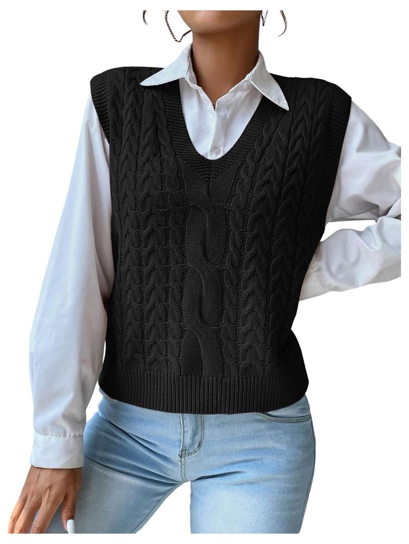 SOLY HUX Women's V Neck Sweater Vest Sleeveless Cable Knit Pullover Tank Tops Fall Clothes Pure Black Small (Black, S)