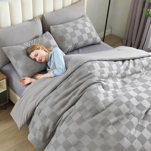 7 Pieces Grey King Size Comforter Set, Boho Tufted Bed in a Bag, Checkered Farmhouse Shabby Chic Soft Bed Set, All Season Plaid Comforter with Sheets, Pillowcases & Shams
