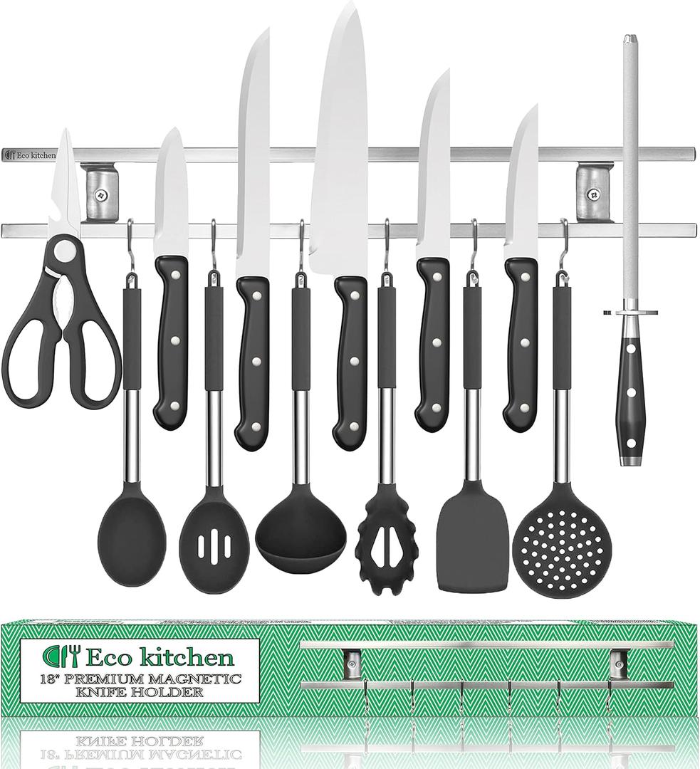 Magnetic Knife Holder for Wall - Stainless Steel Knife Magnetic Strip 18 Inch - Wall Knife Magnet Bar Rack With Hooks