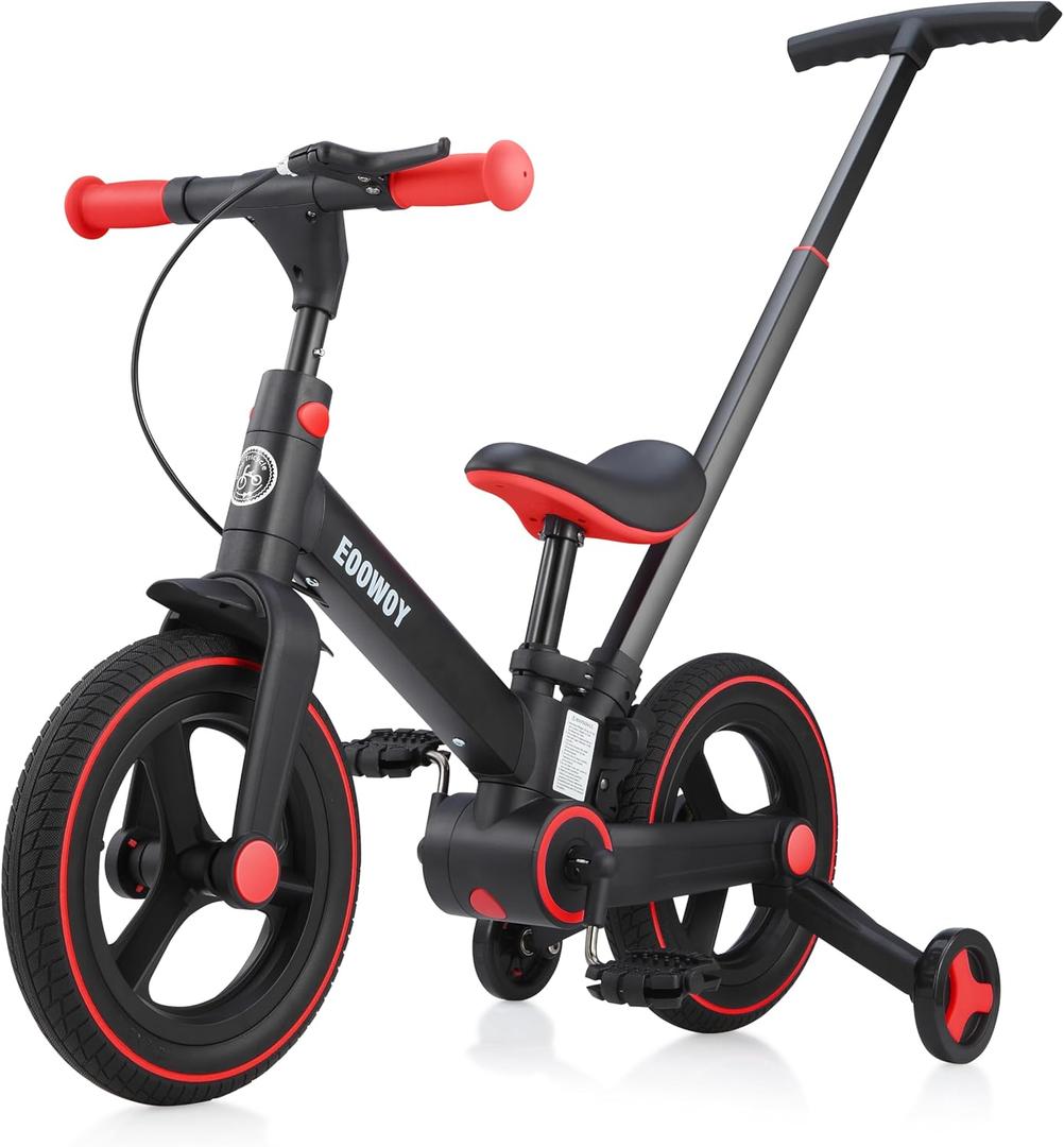 EOOWOY Balance Bike with Push Handle for Kids 18-60 Months, 6 in 1 Foldable Push Bike with Training Wheels & Pedals, Balance Bicycle for Boys and Girls with Brakes & Kickstand, Black