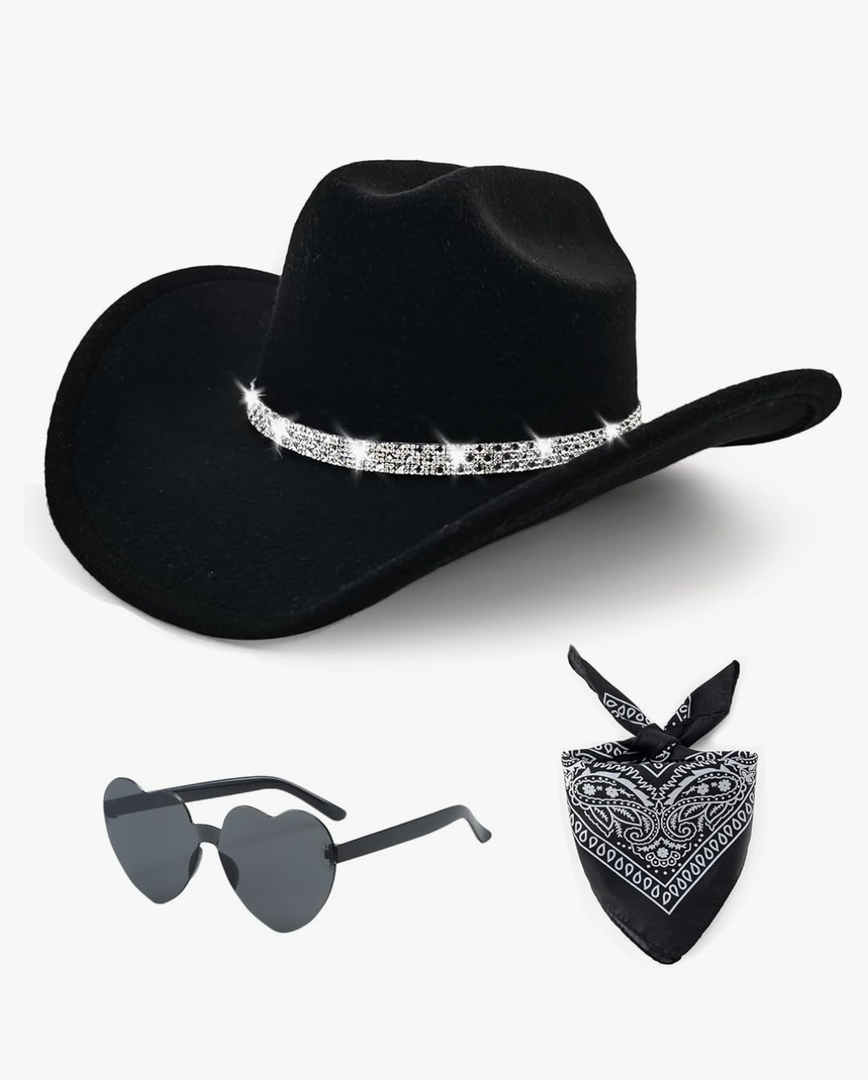 3Pcs Rhinestone Cowboy Hat for Women with Bandana, Heart Sunglasses set, Wide Brim Cowgirl Hat for Western Disco Party. 57 cm