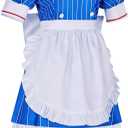 Women Cosplay Costume Blue Maid Dress Uniform Outfit Full Set, 1XL