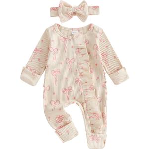 Socutebabe Newborn Baby Girl Coming Home Outfit Ruffle Romper Onesie Cute Ribbed Knit Jumpsuit Winter Clothes and Headband (Sweet Bow Cream, 0-3 Months)