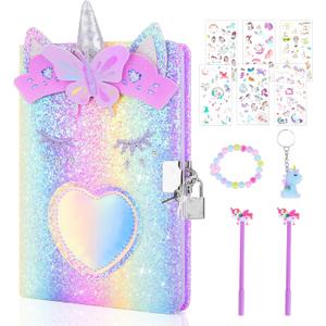 homicozy Unicorn Diary with Lock,Gift for 6 7 8 Year Old Girl,Glitter Seceret Journal for Kids with 160 Pages,Shiny Notebook for Writing and Drawing,Cute Stationery Back to School Gift