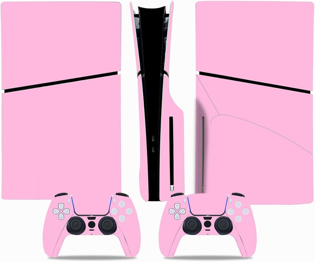 Skin Sticker Compatible with PS5 Slim Disc Console, Protective Vinyl Decal Cover Wrap for Wireless Controller (Pink)