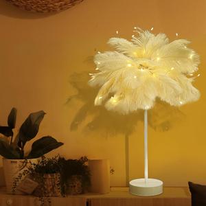 ITICdecor Ostrich Feather Lamp Metal Table Lamp LED Decorative Atmosphere Night Lights Bedside Lamps for Home Party Wedding Decoration Gifts for Dad Mom Wife Girlfriend Teen Girls(White)