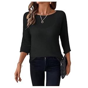 SweatyRocks Women's Sheer Pullover Sweater Loose 3/4 Sleeve Tops Dressy Casual Knit Sweater (Black) S