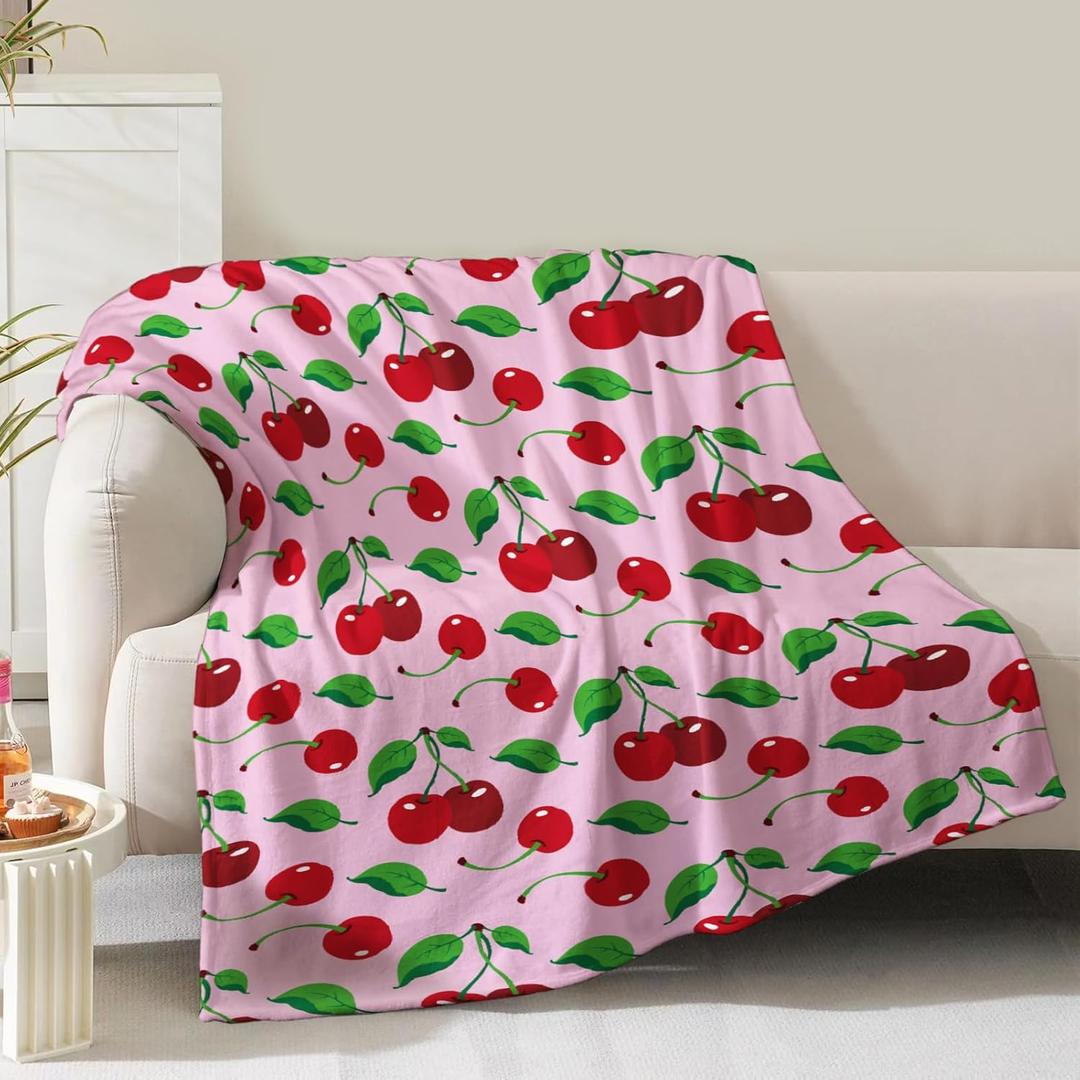 Cherries Blanket Gifts for Women Girls Mom Kids Adults Teen Birthday Christmas Valentine Present Pink Cherry Fruit Theme Decor Home Bedroom Living Room Sofa Couch Soft Cozy Plush Fleece Throw 60"x50"