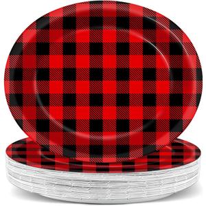50pcs Christmas Plaid Oval Plates 11 Inch Merry Christmas Plaid Paper Tableware Set Red and Black Plaid Disposable Dinnerware for Xmas Party Home Winter Holiday Decoration Supplies