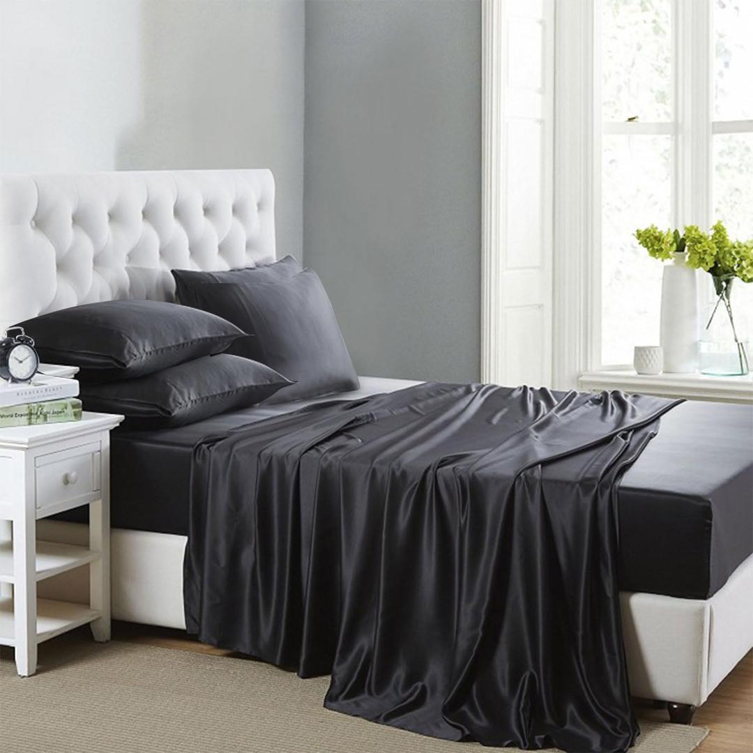 Lanest Housing Silk Satin Sheets, 6-Piece Queen Size Satin Bed Sheet Set with Deep Pockets, Cooling and Soft Sheets Queen - Black