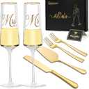 Mr and Mrs Champagne Flutes, Wedding Cake Cutting Set of 6, Bride and Groom Champagne Glasses, Wedding Cake Knife and Server Set, Bridal Shower Gift, Engagement for Couple Newlyweds (Gold)