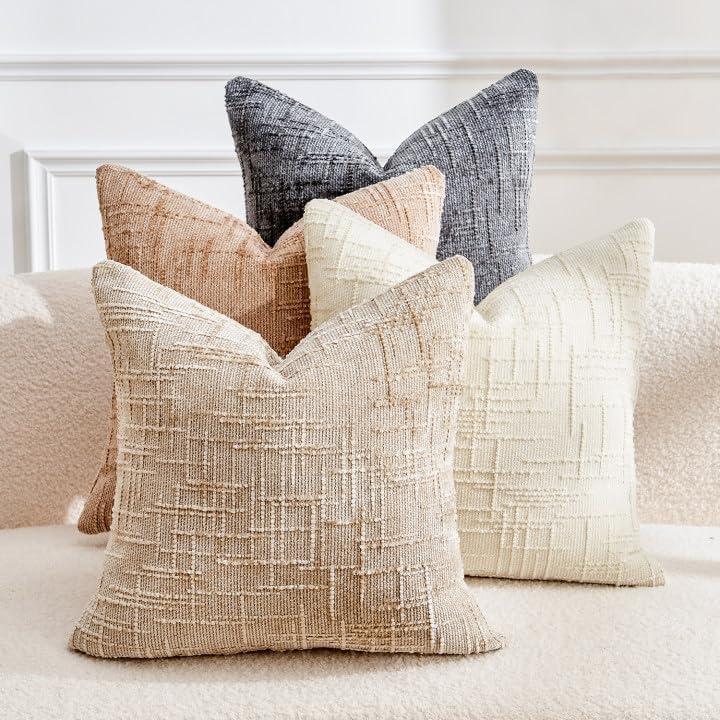 Throw Pillow Covers Neutral Set of 4 18x18 Inch Pillow Covers, Soft Chenille White Khaki Beige Dark Grey Pillowcases for Couch Sofa Bed Living Room, Home Boho Decor, Farmhouse Cushion Covers