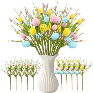 10 Pcs Easter Decorations with Eggs, Artificial Flowers for Spring Easter Tree Ornaments Indoor & Outdoor Decor, Easter Home Table Decor & Tree Decorations for Festive Celebrations